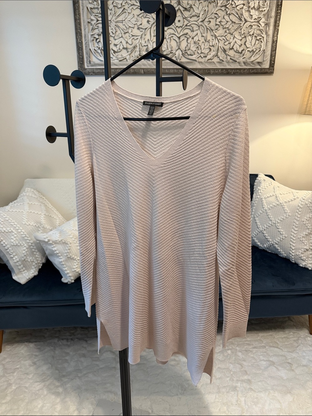 Eileen Fisher Blush Ribbed V-Neck Tunic Sweater